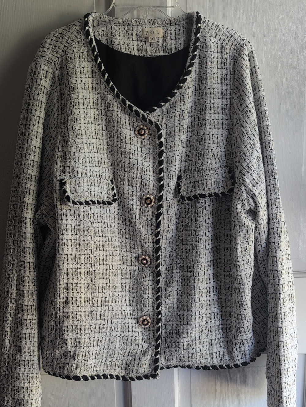 Pol Tweed Open-Front Jacket in Black and White
